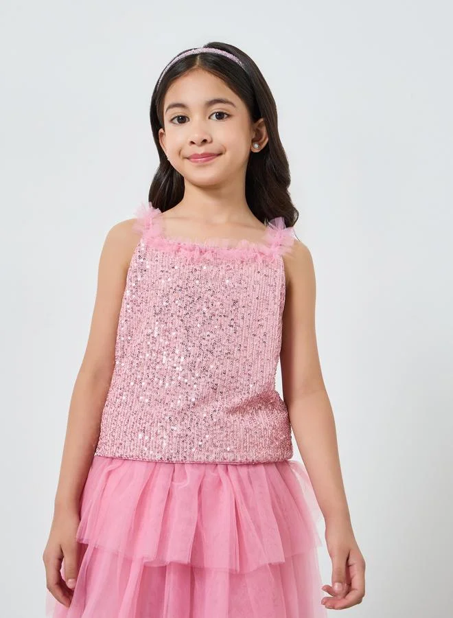 Styli Girls Pink Sequin Top and Tiered Tulle Skirt Set